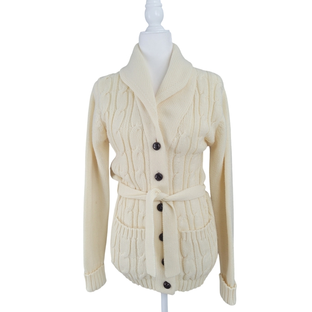 Cream Cable-Knit Shawl Collar Cardigan with Belt